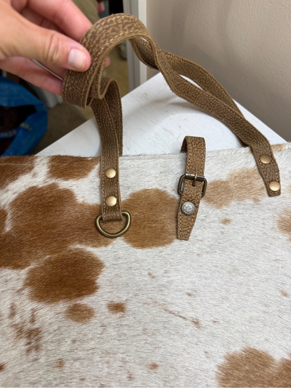MYRA MESA TRAIL HAIRON TOTE BAG RUSTIC COWHIDE DESIGN, BROWN LEATHER HANDLES - Picture 12 of 14